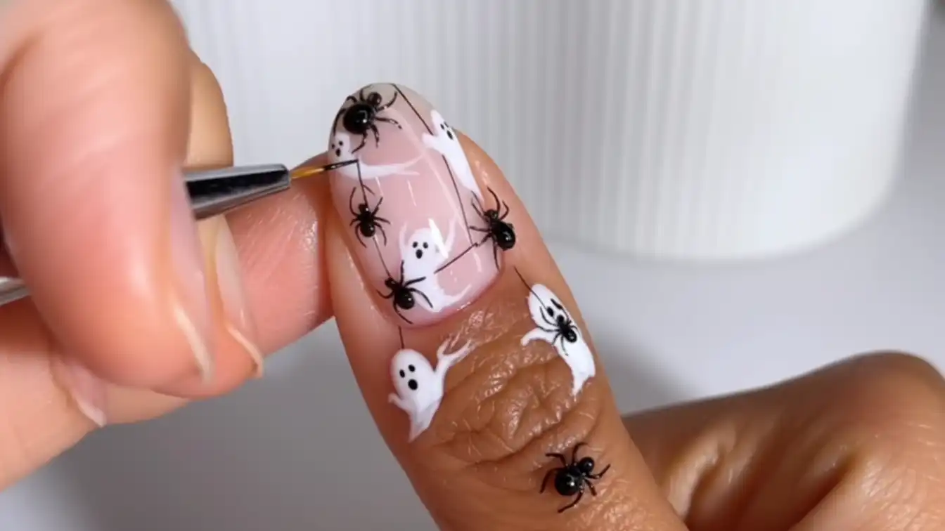 Playful Halloween spider nail designs with hand-painted ghosts and 3D spider accents.