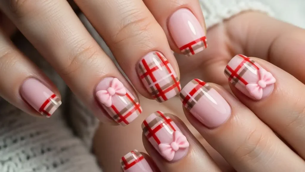 Glossy pink plaid nail design with red and nude stripes styled like a wrapped gift.