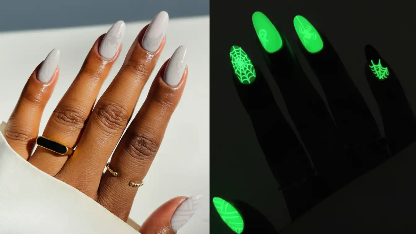 White glow-in-the-dark spider web nails - unique Halloween spider nail designs.