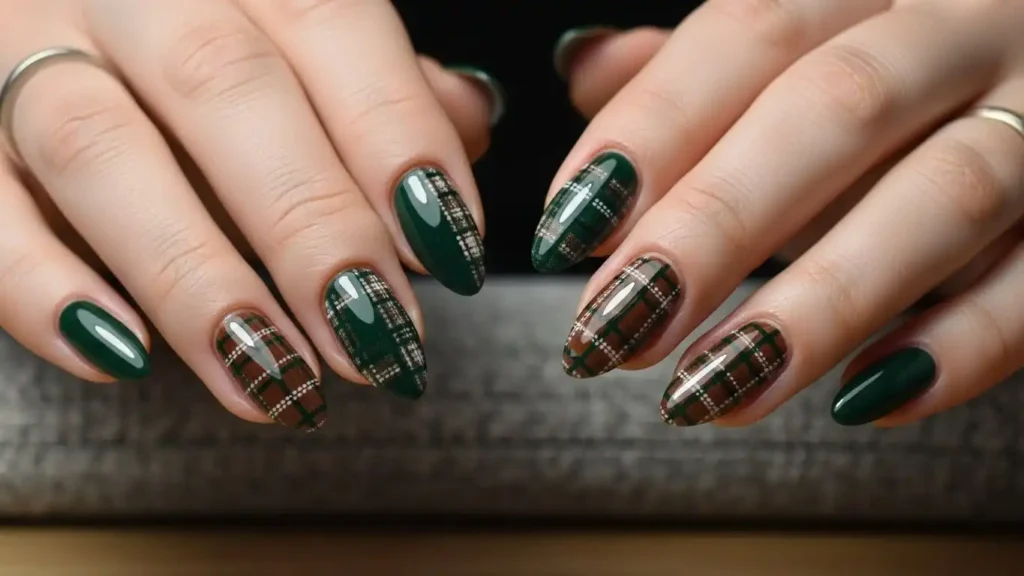 Luxury green and brown plaid nail design with chrome powder finish.