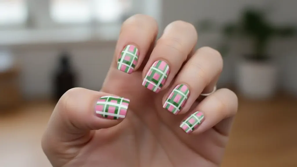 Green and pink plaid nail design with white accents for a clean, modern look.