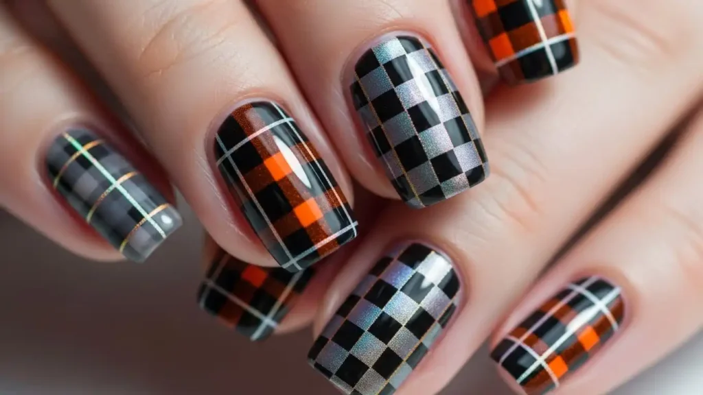 Grey plaid nail design with orange and black accents for a cozy fall look.