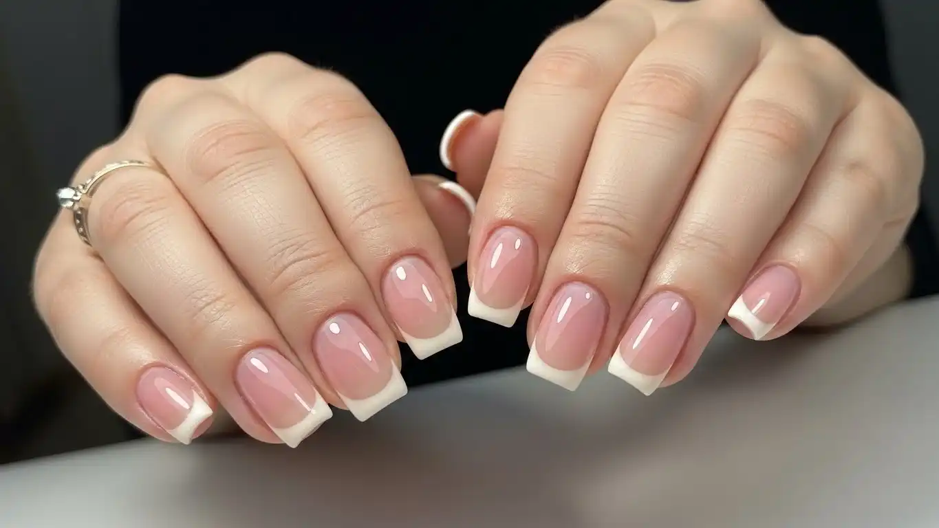 Ice cream style soap nail design with sheer pink polish, delicate French tips, and glossy water-like shine