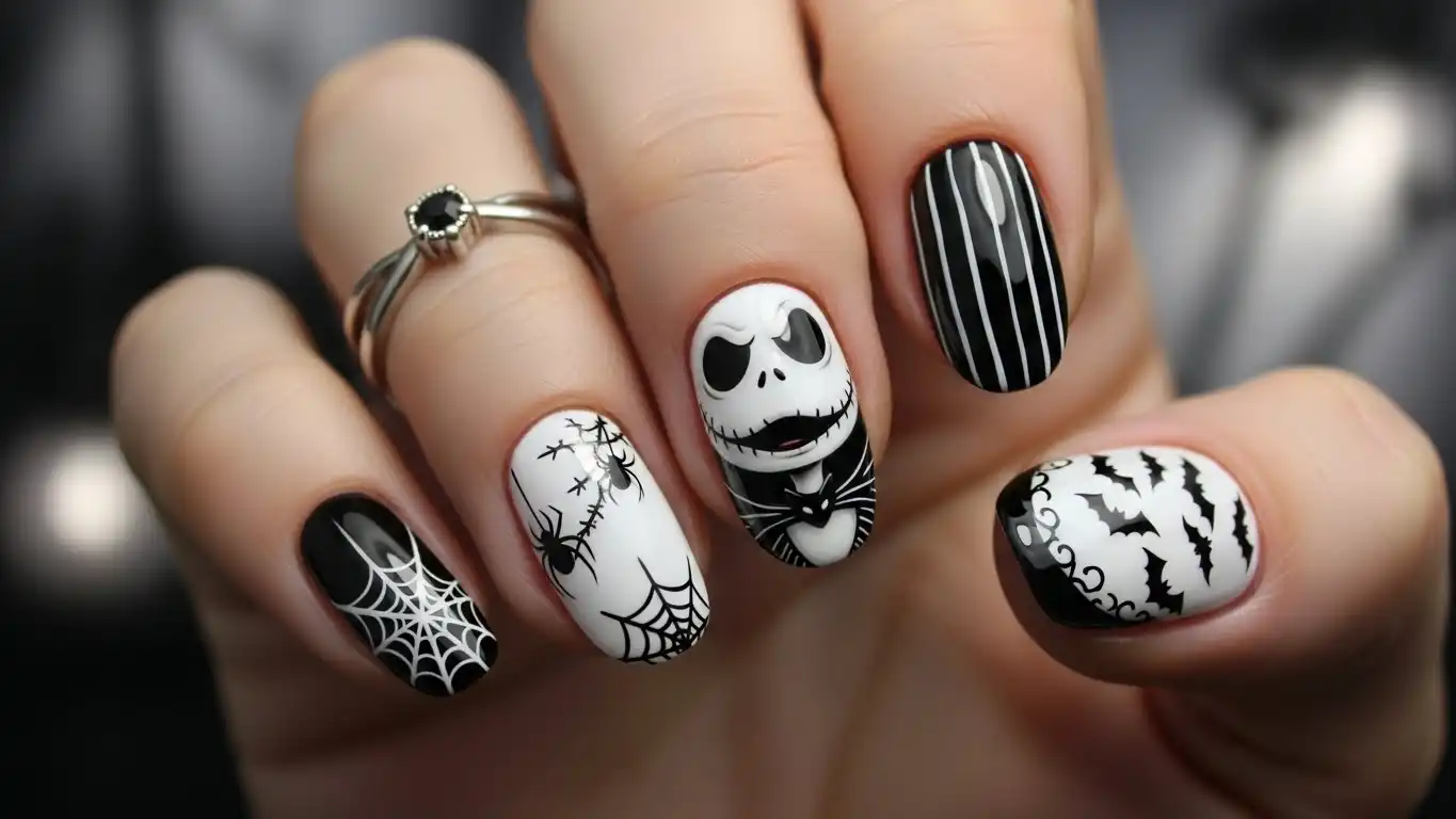 Jack Skellington nails with sharp spider webs - Nightmare Before Christmas Halloween spider nail designs.