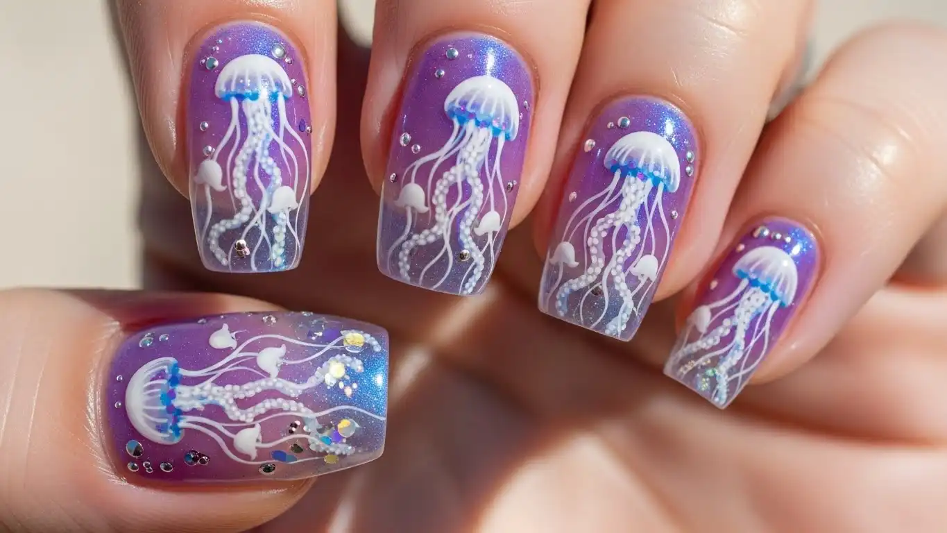 Jellyfish-inspired soap nail design with sheer purple base, glossy finish, and soft ocean-themed accents