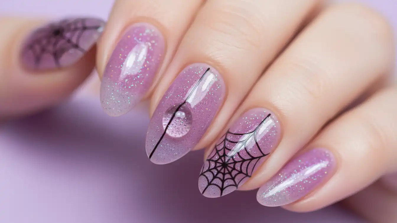 Glossy lavender nails with black spider webs - pretty Halloween spider nail designs.