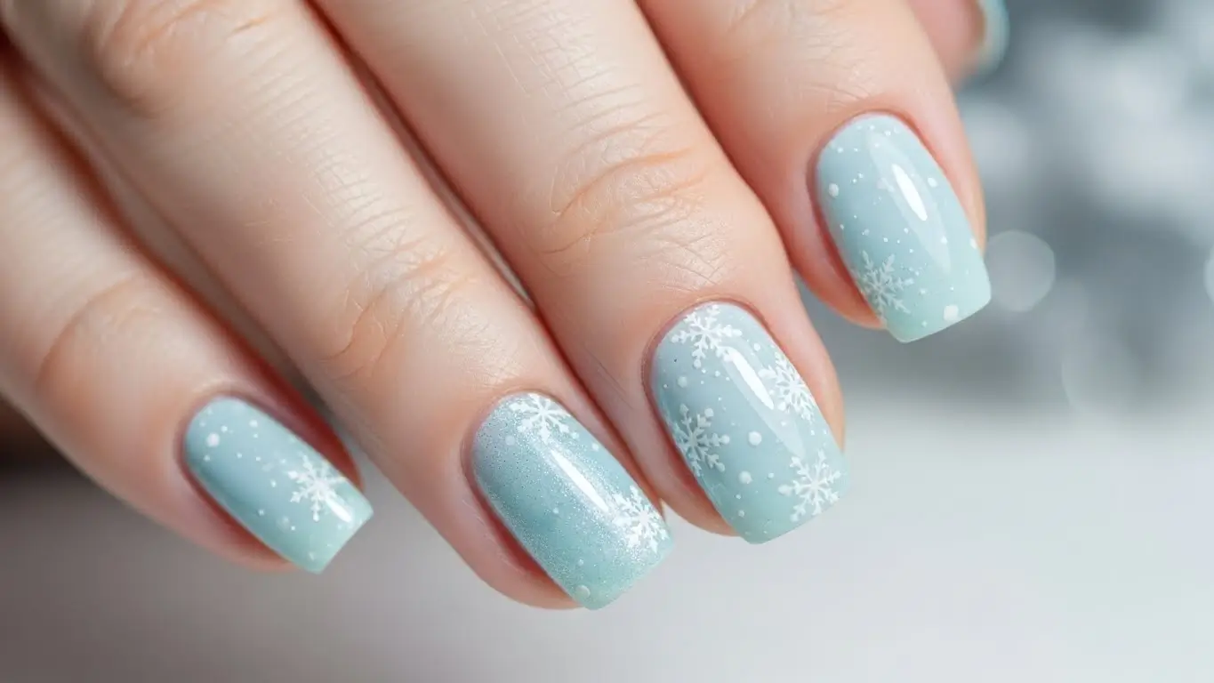 Light and icy blue Christmas nails featuring delicate snowflakes, a perfect wintery blue Christmas nail design.