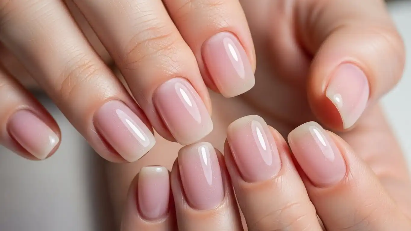 Marie Claire style soap nail design with soft pink polish, sleek glossy finish, and subtle chrome shimmer