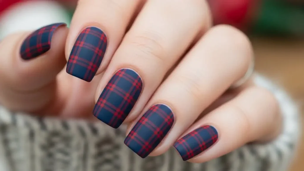 Matte navy and red plaid nail design creating a cozy winter-inspired manicure.