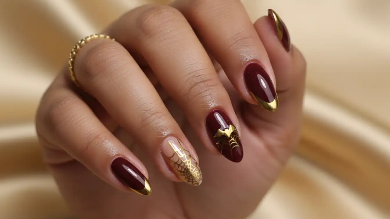 Gold French tips with spider web cuticles - festive Halloween spider nail designs.