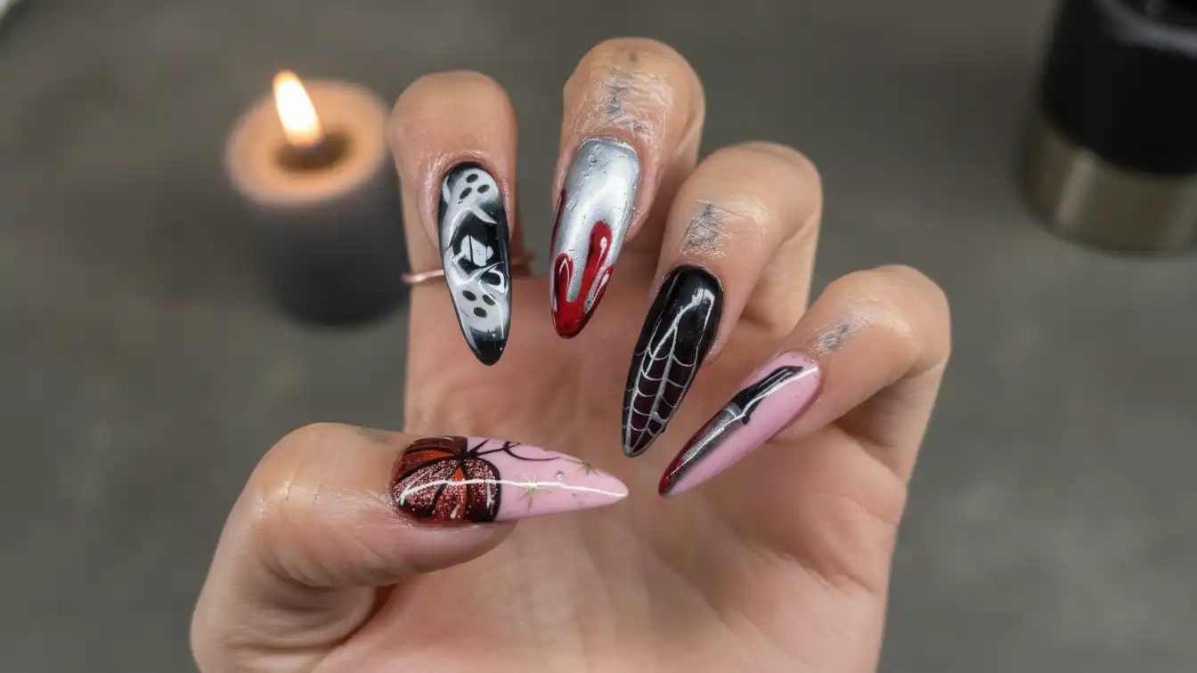 Horror collage nails with knives and spider webs - spooky Halloween spider nail designs.