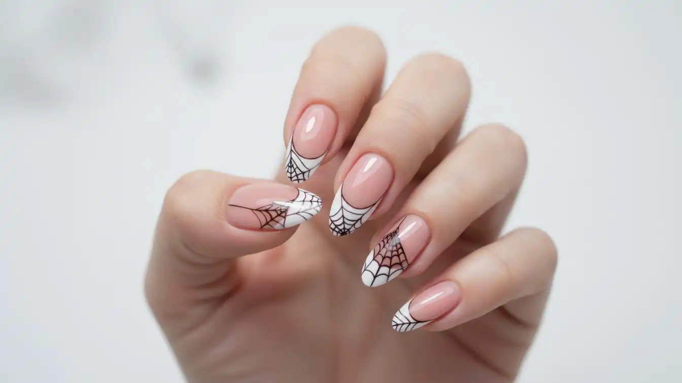 Sheer nude negative space French manicure with spider web tips – clean Halloween spider nail designs.
