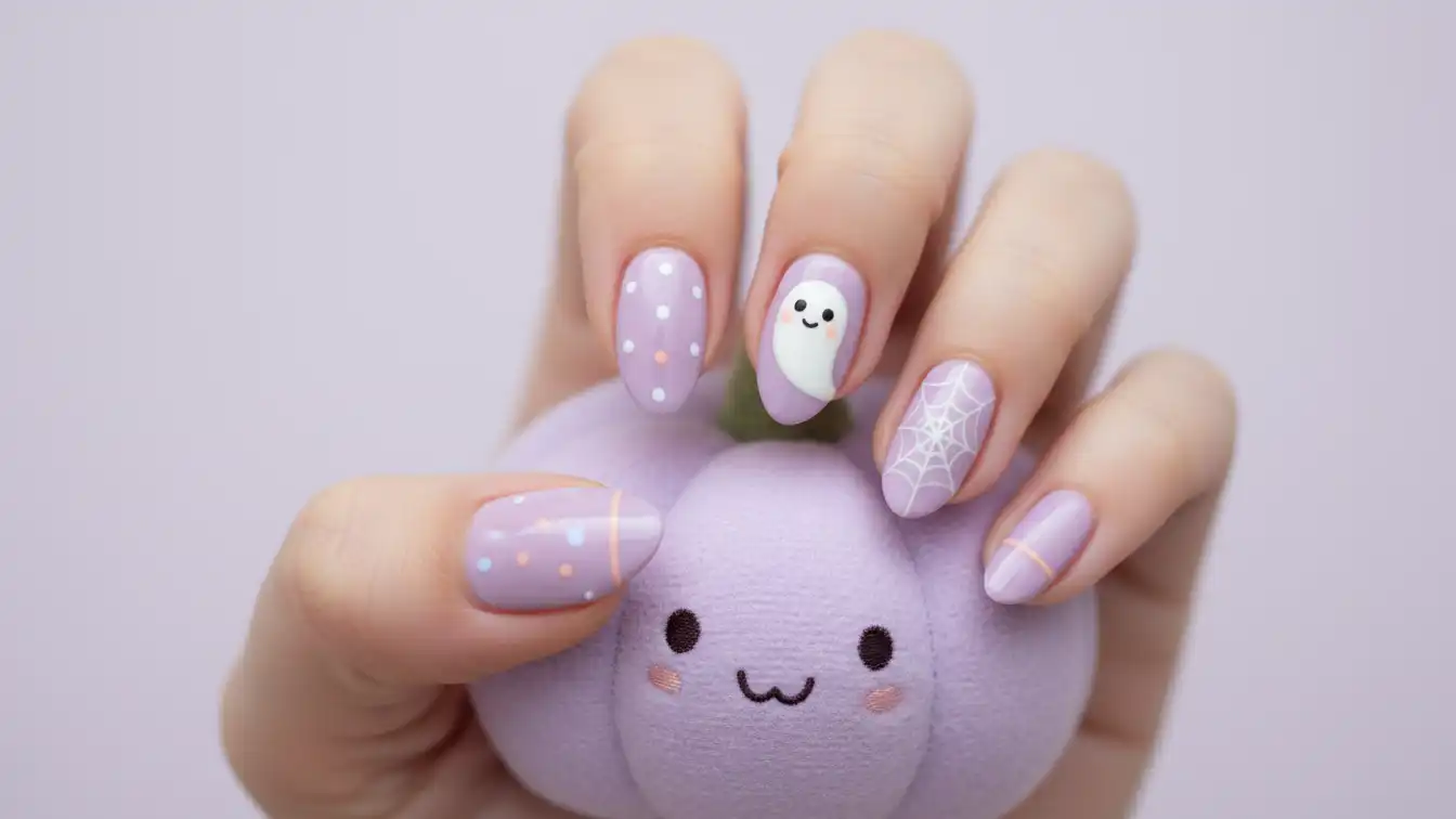 Pastel purple nails with ghost and web - cute Halloween spider nail designs.