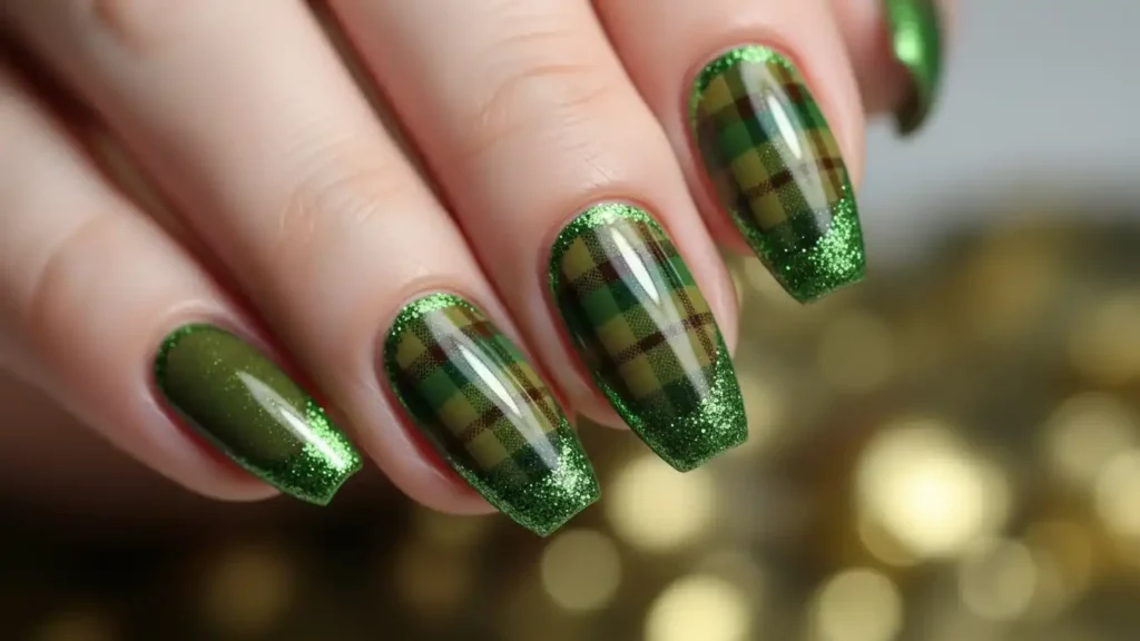 Olive green plaid nail design with glitter accents and clean striped detailing.