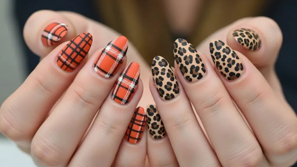 Orange plaid nail design paired with cheetah print for a bold statement manicure.
