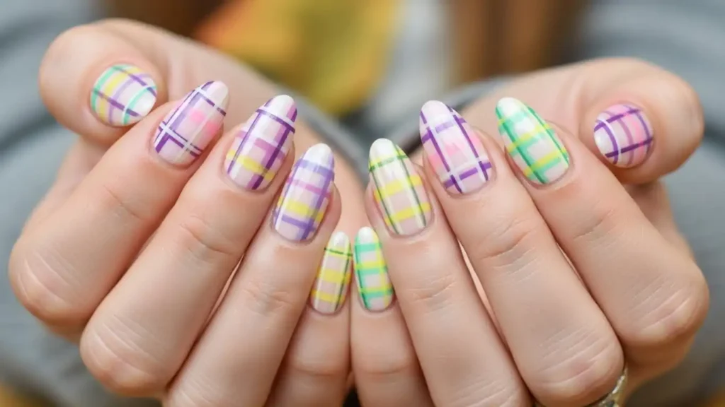 Colorful pastel plaid nail design with pink, purple, yellow, and green for a playful manicure.