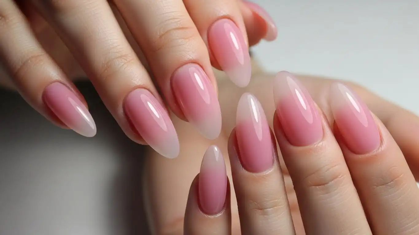 Pink soap nail design with translucent polish, ultra-glossy gel finish, and elegant clean manicure look
