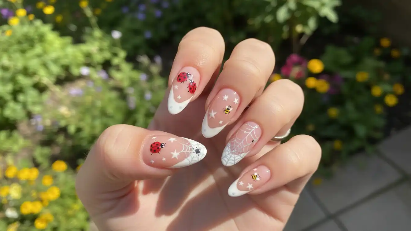 Twisted French tips with insects and stars - cheerful Halloween spider nail designs.