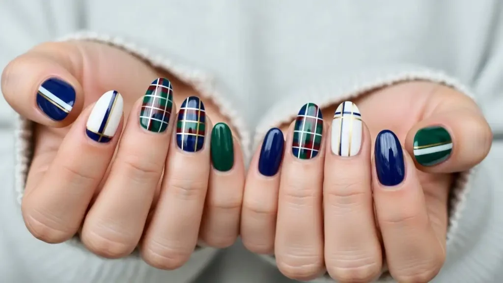 Mismatched preppy plaid nail design with thin hand-painted lines.