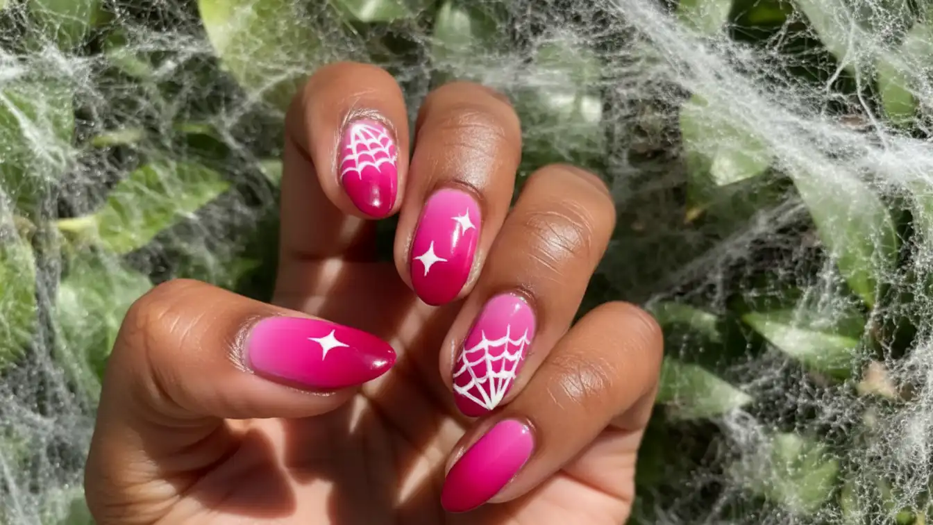 Hot pink ombre nails with soft pink webs - cute Halloween spider nail designs.