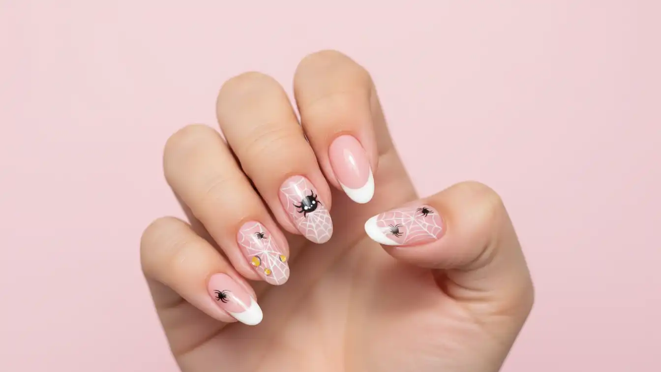 Cute tiny spiders on French tip nails - playful Halloween spider nail designs.