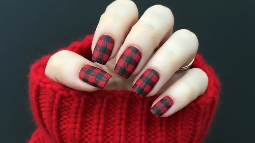 Buffalo-style red and black plaid nail design with a matte finish for fall fashion.