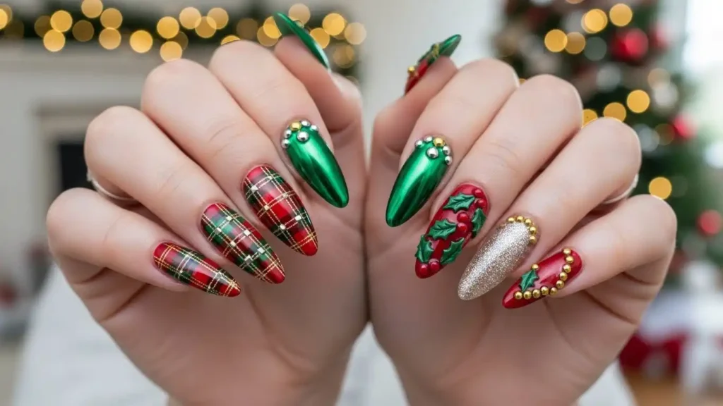 Maximalist red and green plaid nail design with chrome and 3D embellishments.