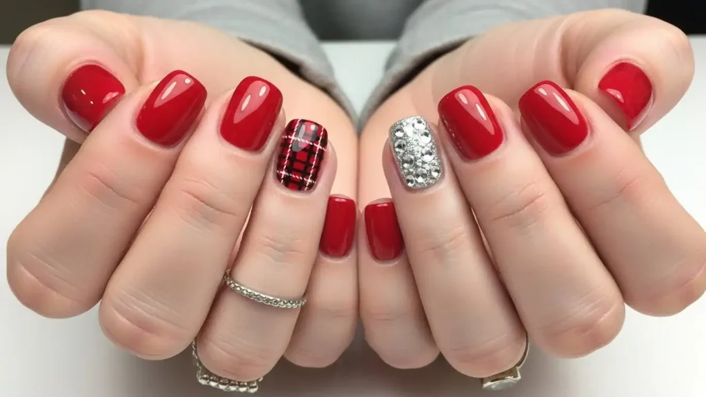 Festive red plaid nail design with silver cat-eye effect.
