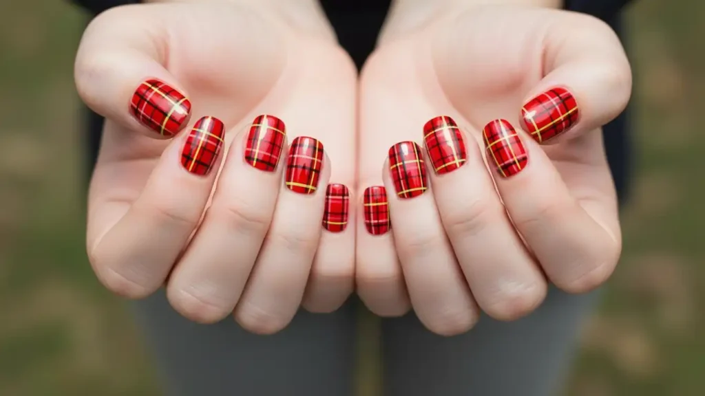 Bright red plaid nail design with bold outlines for a fun seasonal manicure.
