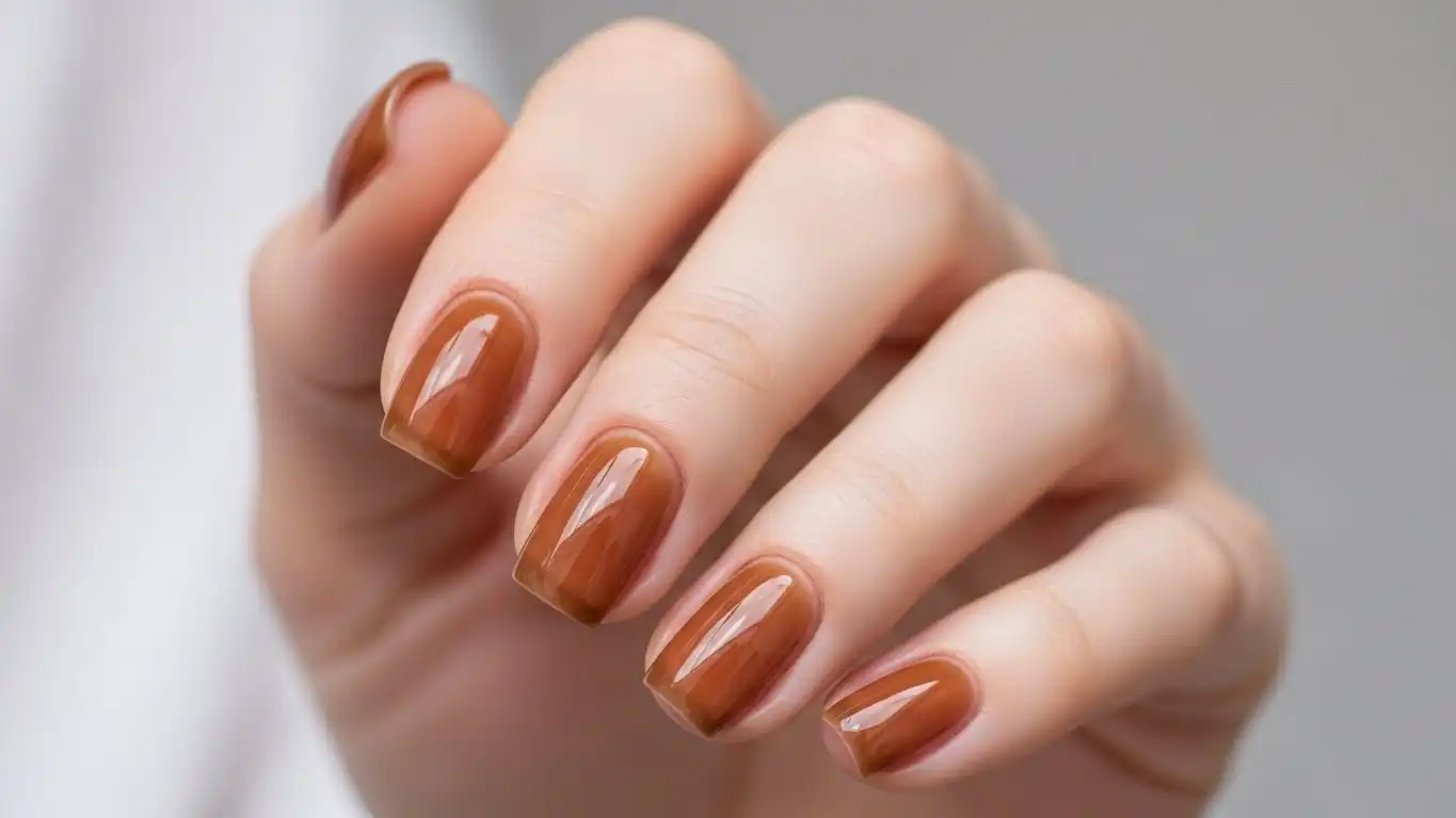 Sheer brown soap nail design with warm translucent tone, smooth glassy shine, and minimal clean manicure style