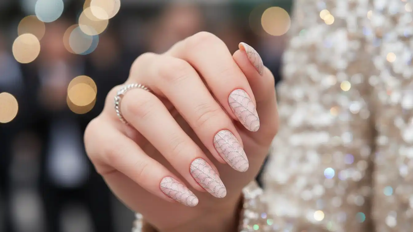 Nude shimmer nails with light spider web - elegant Halloween spider nail designs.