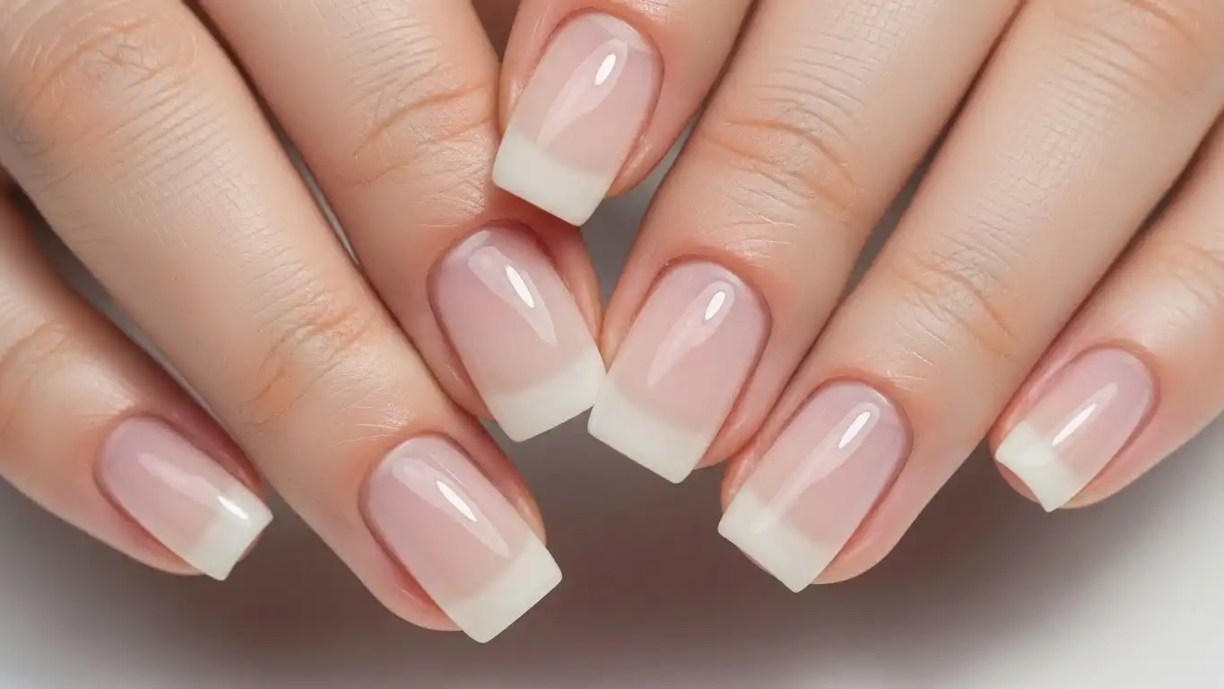 Short square soap nail design with sheer milky white polish, glossy clean finish, and perfectly groomed cuticles