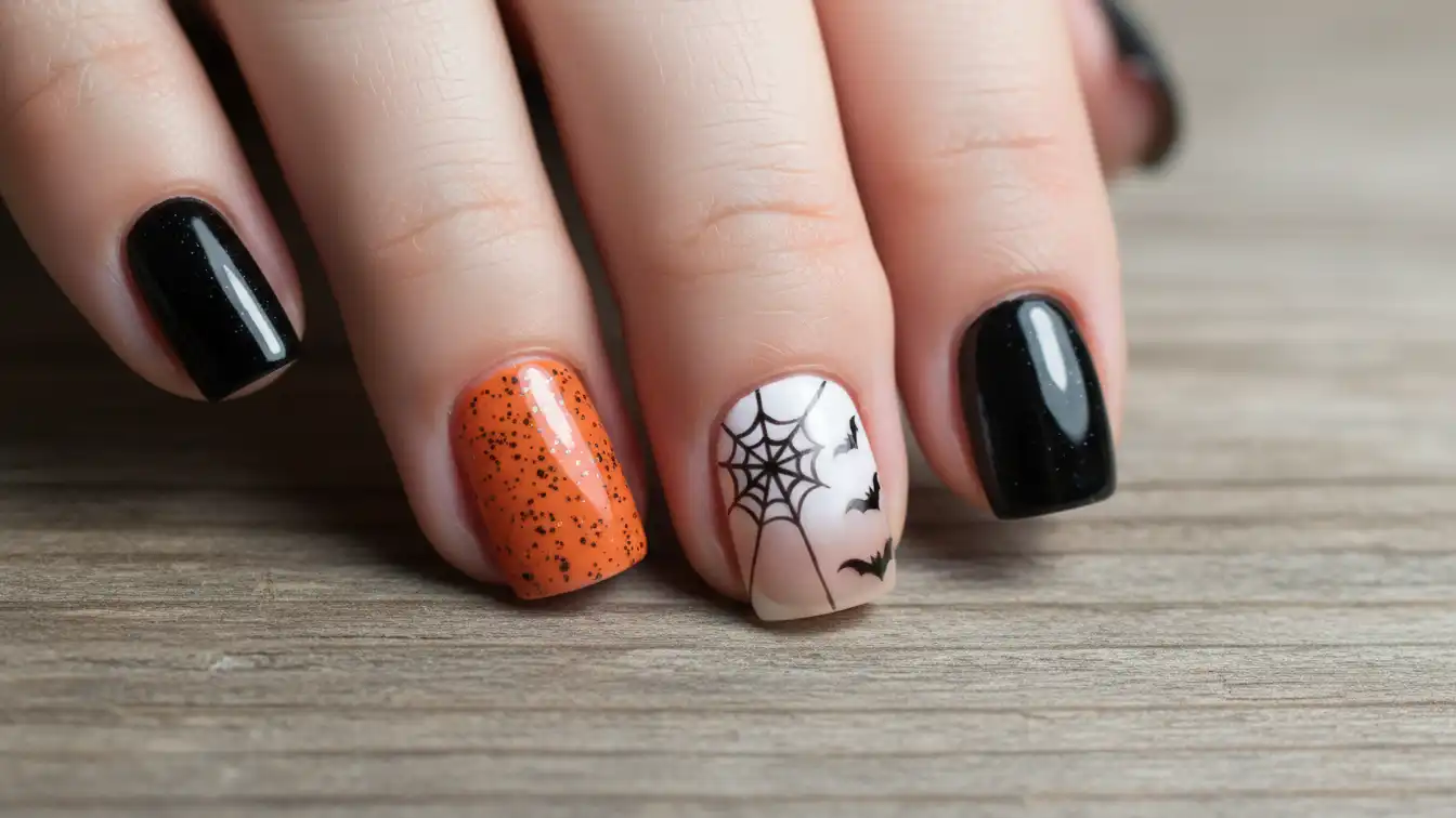 Mismatched Halloween nails with bats and webs - casual Halloween spider nail designs.