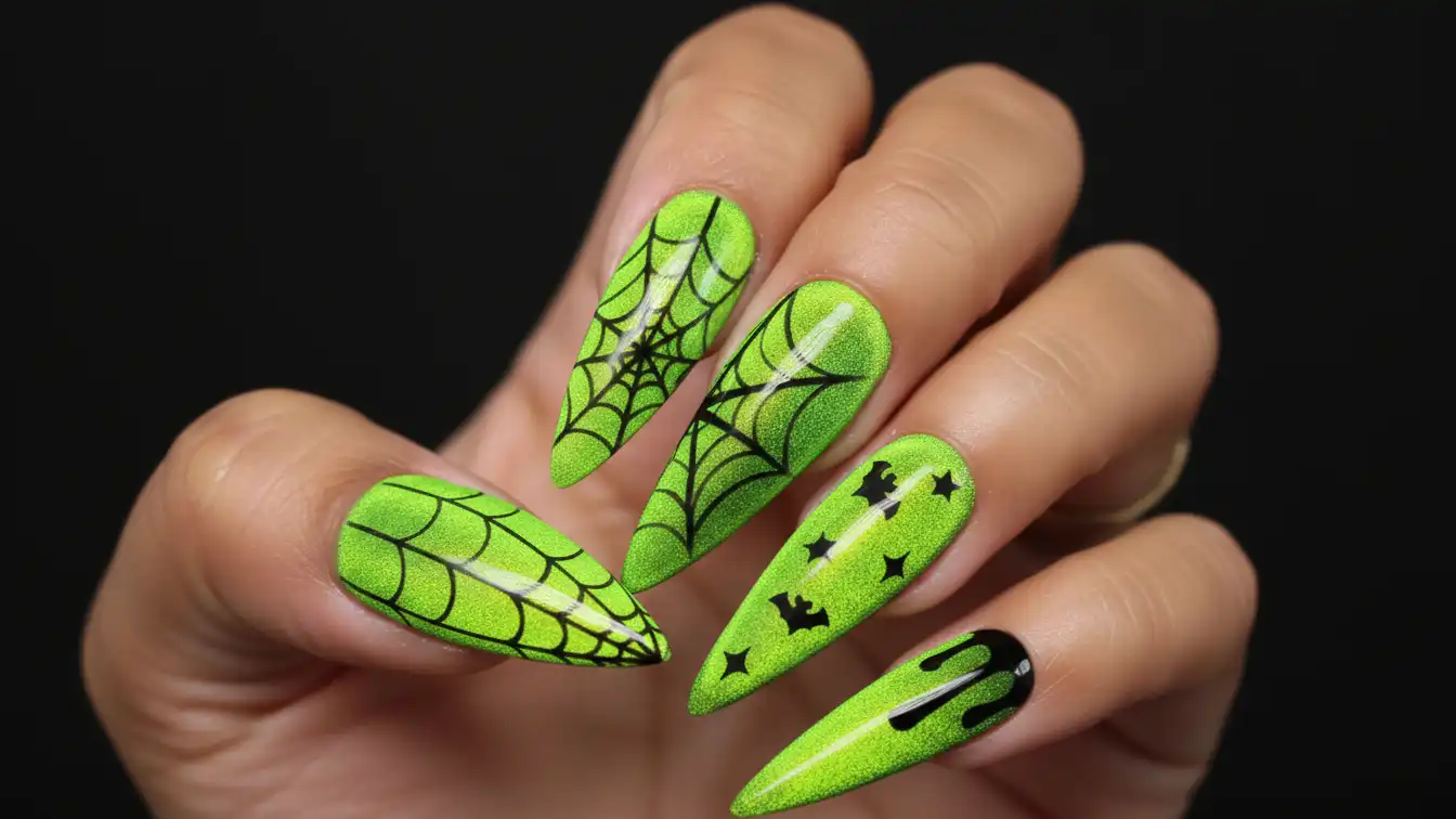 Neon green velvet nails with black webs - trendy Halloween spider nail designs.