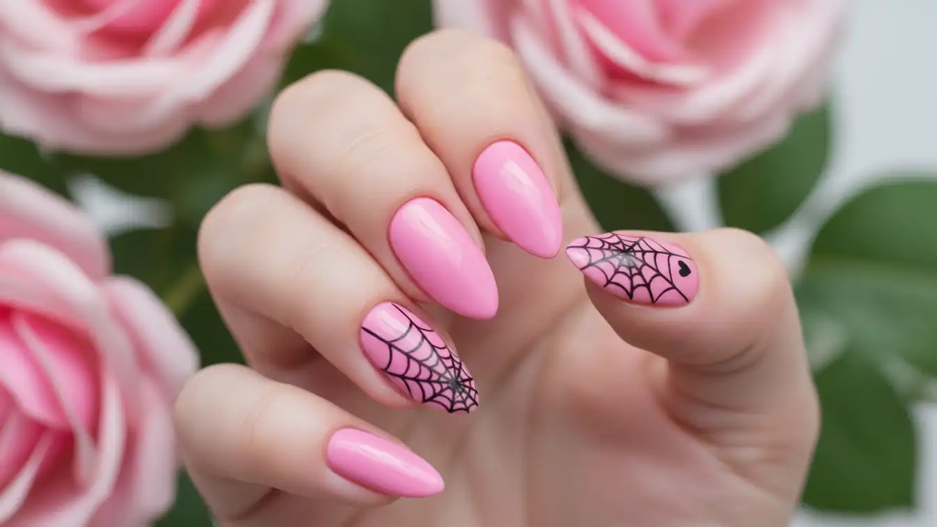 Bright pink nails with dainty black webs - feminine Halloween spider nail designs.