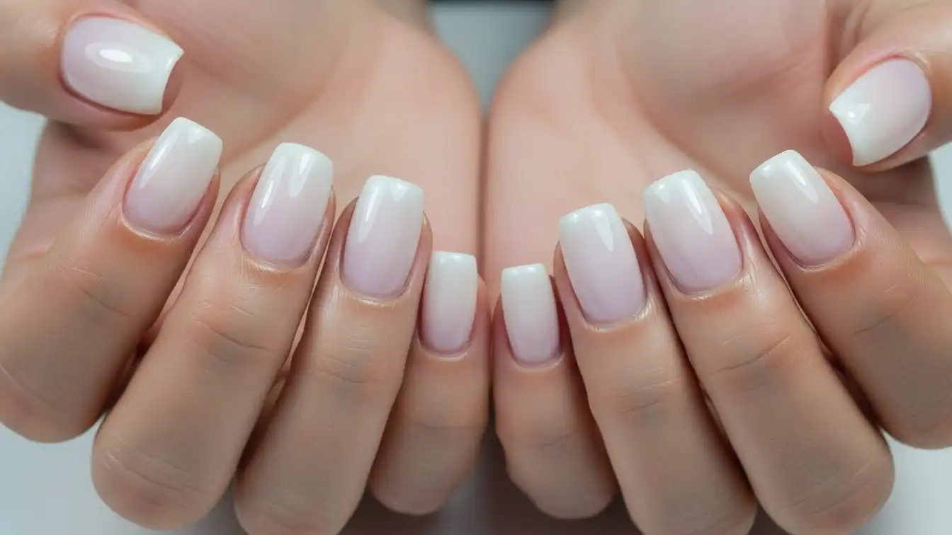 Soap bubble inspired soap nail design featuring milky white translucent polish and ultra-glossy fresh finish