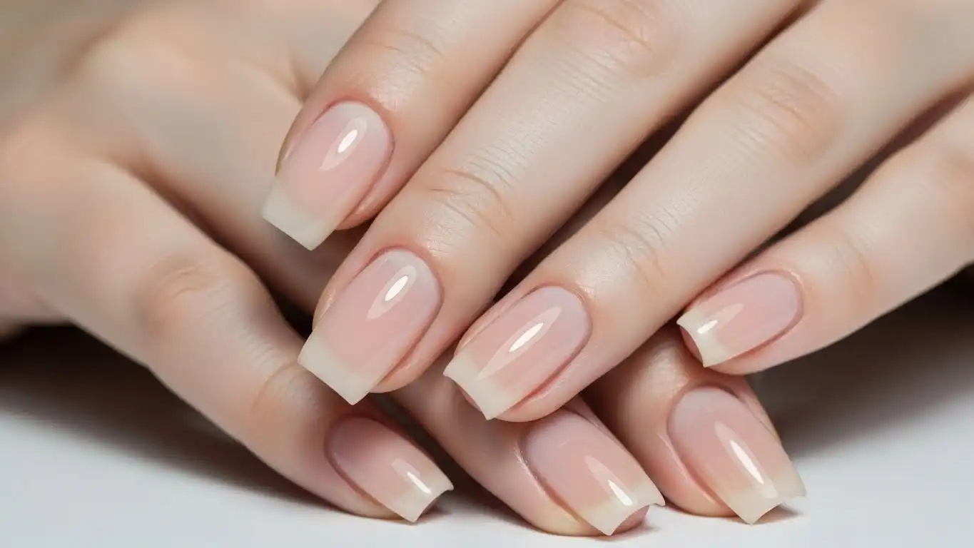 Acrylic soap nail design in soft sheer nude tone with smooth structure and glass-like glossy gel finish