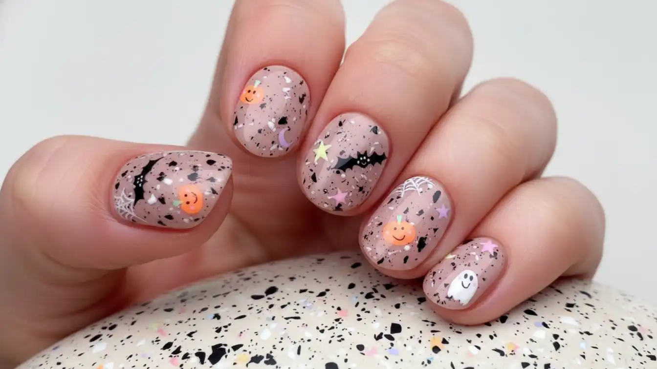 Speckled nails with Halloween icons - eclectic Halloween spider nail designs.