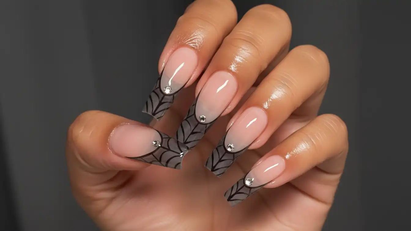 Sheer grey webs over French tips - soft Halloween spider nail designs.