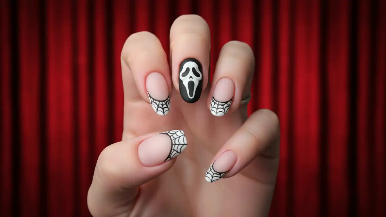 Scream mask nails with spider web tips - horror movie Halloween spider nail designs.