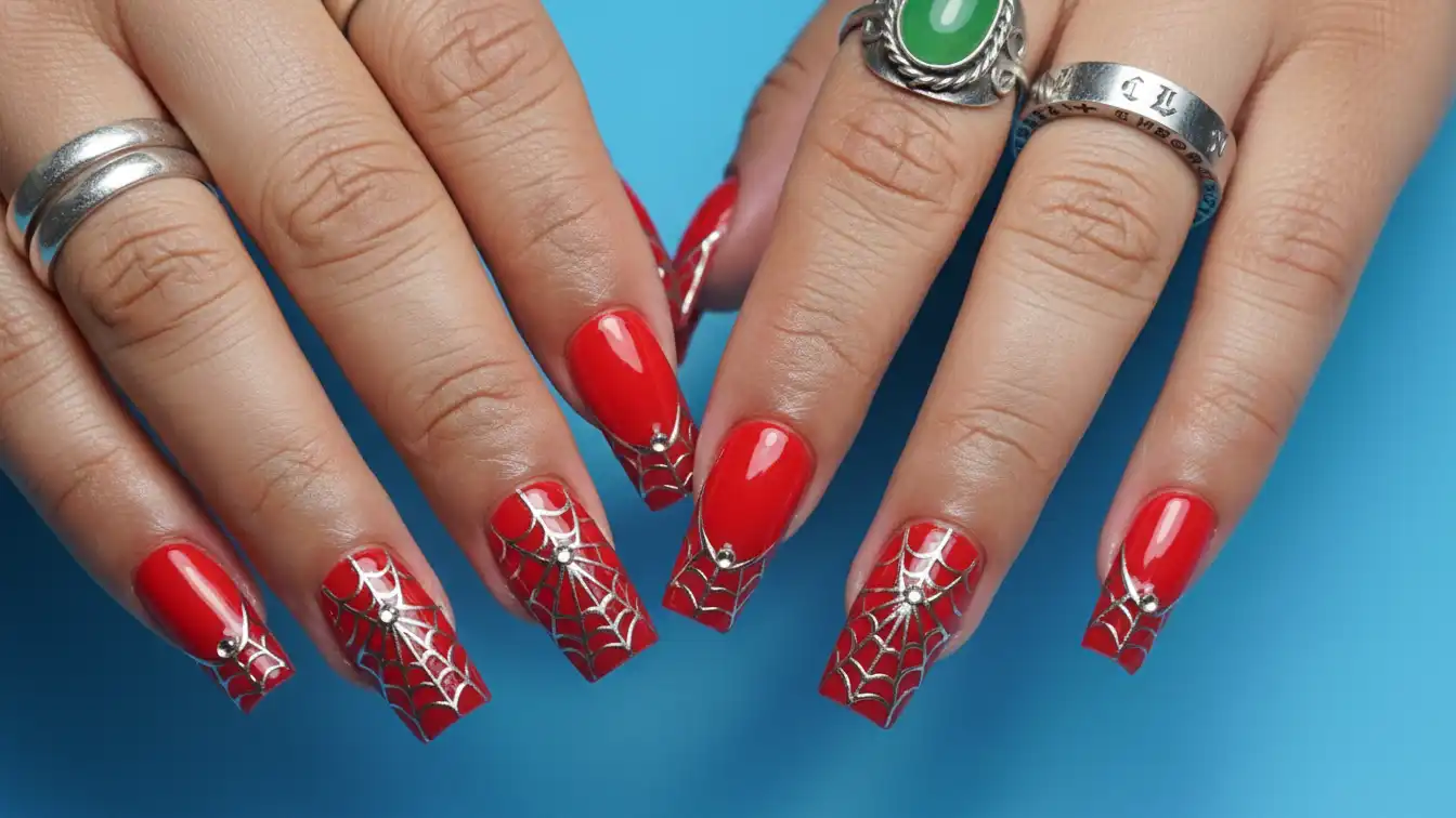 Bright red nails with silver chrome webs - comic book Halloween spider nail designs.