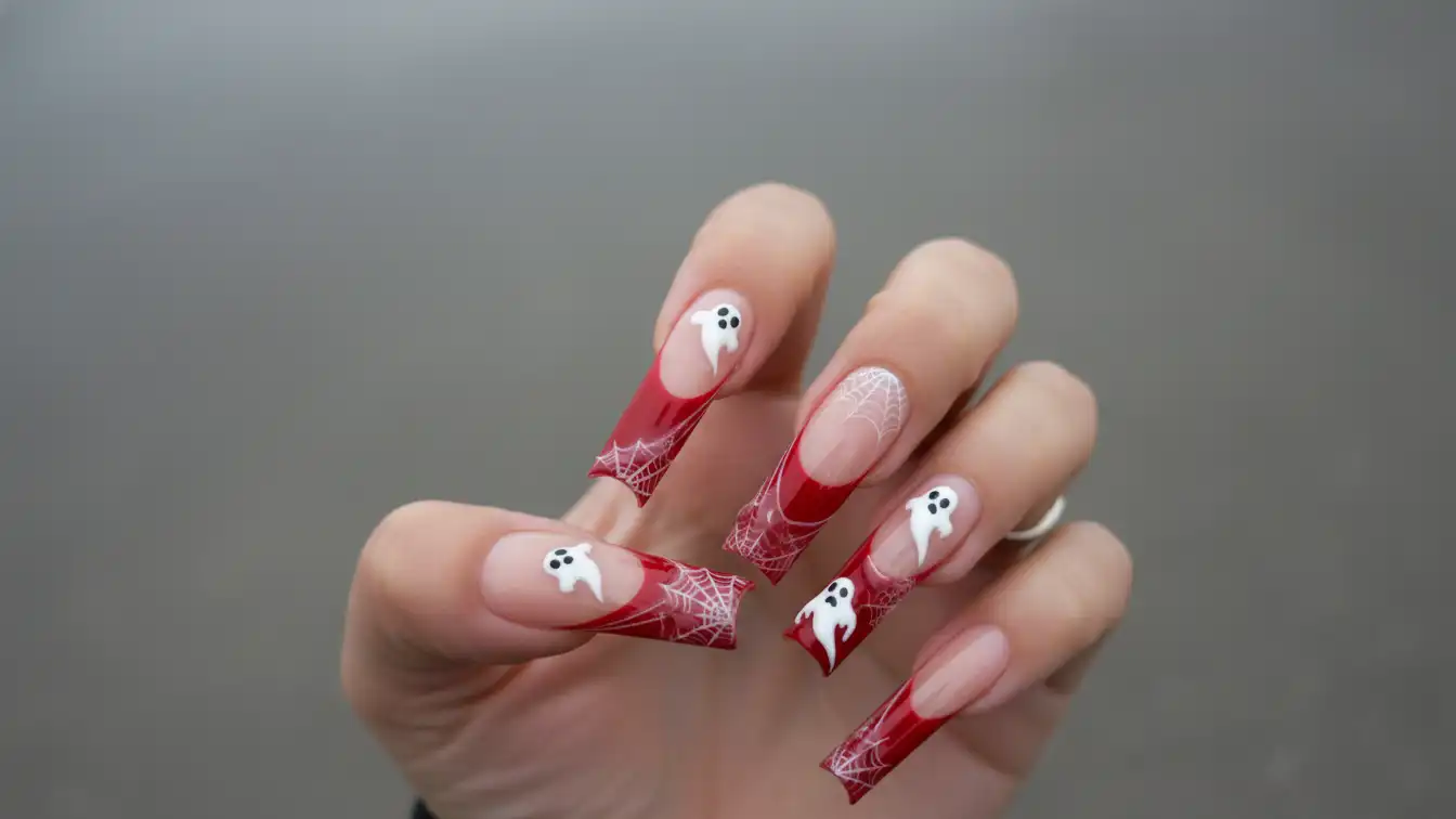 Long French tips with ghosts and 3D webs - dramatic Halloween spider nail designs.
