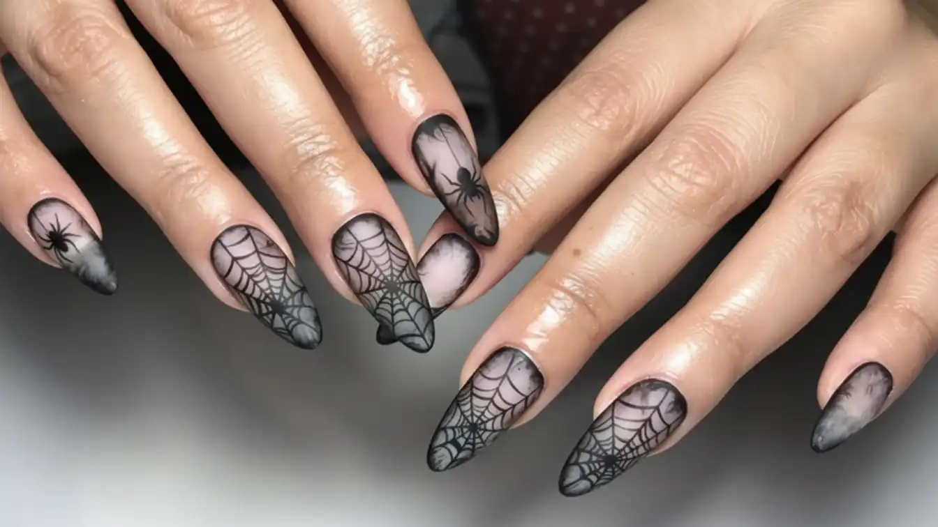 Matte black nails with etched spider web and bat - gothic Halloween spider nail designs.