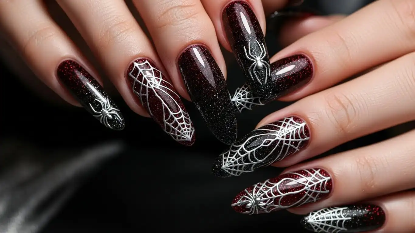 Maroon glitter nails with silver spider webs - glam Halloween spider nail designs.