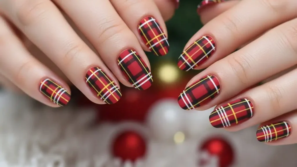 Classic red tartan plaid nail design inspired by Scottish patterns.