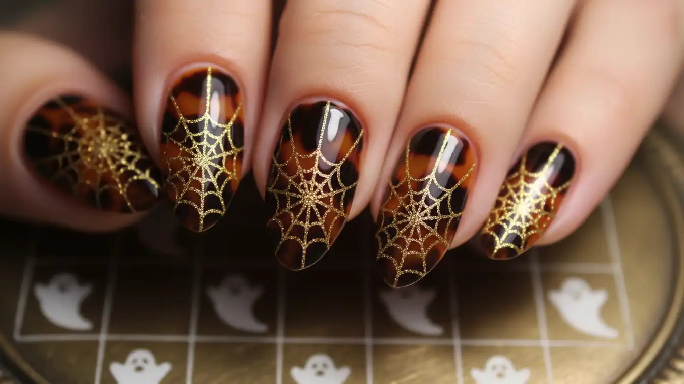 Tortoiseshell nails with gold spider webs - luxe Halloween spider nail designs.
