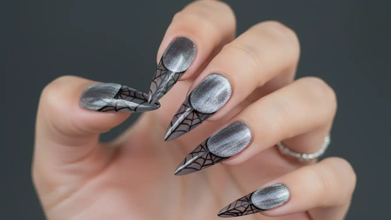 Silver velvet nails with lattice webs - classy Halloween spider nail designs.