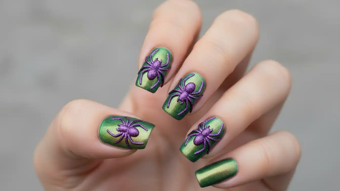 Iridescent green nails with purple swirls and 3D spiders - wild Halloween spider nail designs.