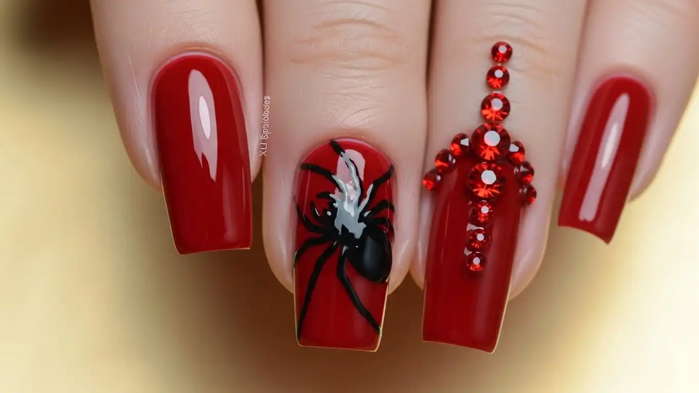 Bold red lipstick-shaped Halloween spider nail designs with large illustrated spider and red rhinestones.