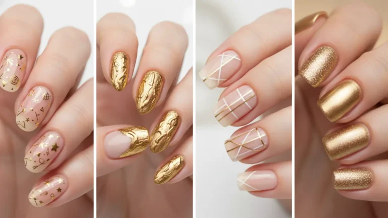 showcasing a luxurious set of Elegant Gold Nail Designs with metallic gold polish, soft glitter accents, and chrome textures for a glamorous, high-fashion manicure.